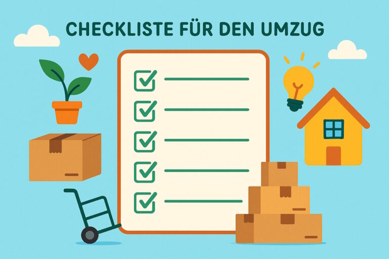 Illustration einer Checkliste für den Umzug mit Hakenkästchen, Umzugskartons, Pflanze, Sackkarre, Haus und Glühbirne.
