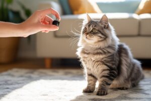 Silbergetigerte Katze schaut aufmerksam auf einen Clicker in einer Hand.