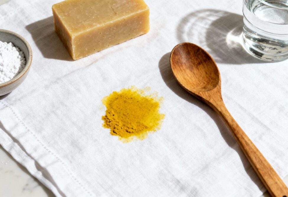 Curryfleck auf weißem Stoff mit Holzlöffel, Gallseife, Backpulver und Glas Wasser zur Fleckenentfernung.