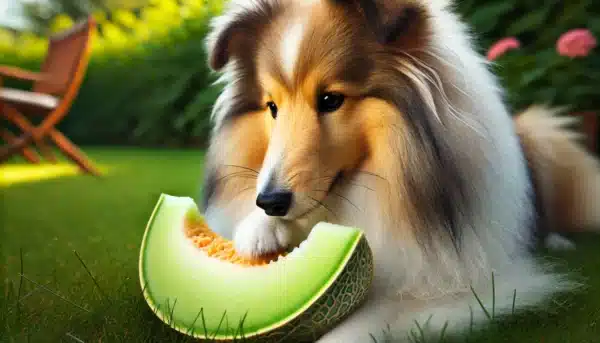 Sheltie liegt vor einem Segment Honigmelone im Gras als Symbolbild für den Ratgeber: Dürfen Hunde Honigmelone essen