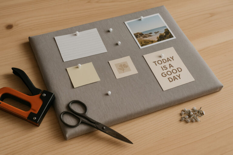 Selbstgemachte Pinnwand mit Notizen, Foto und Motivkarten