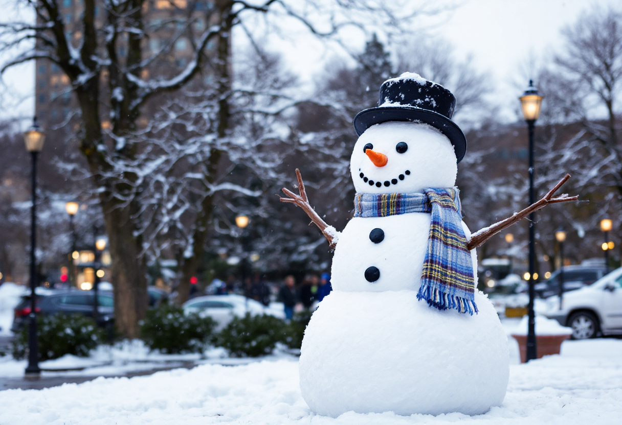 Schneemann mit Hut, Schal und Karottennase auf einer verschneiten öffentlichen Fläche, umgeben von Bäumen und Laternen.