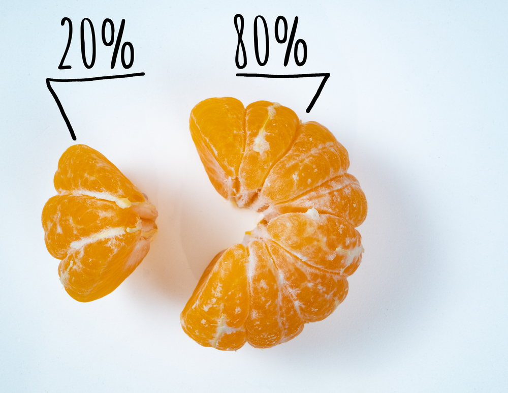 Geschälte Mandarine geteilt in 20/80 und beschriftet mit 80 und 20 % als Symbolbild für den Ratgeber: 80-20-Regel Ernährung