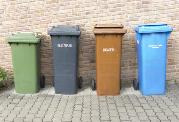 Die vier gängigen Mülltonnen in Deutschland als Symbolbild für den Ratgeber: Maden in der Mülltonne.