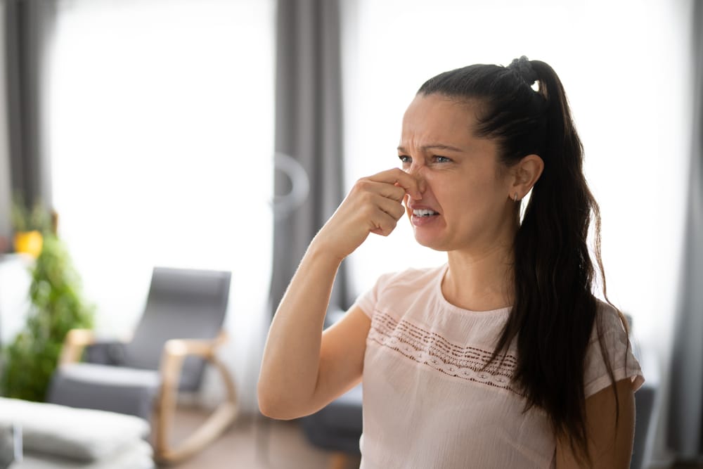 Eine Frau hält sich wegen Rauchgeruch die Nase zu als Symbolbild für Ratgeber: Rauchgeruch entfernen