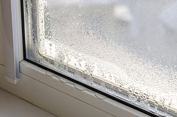 Kondensattropfen und schwarzer Schimmel auf einem minderwertigen Metall-Kunststoff-Fenster als Symbolbild für den Ratgeber: Nasse fenster trotz lüften und heizen