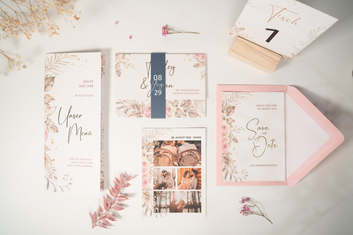 Hochzeitspapeterie im floralen Dusty-Pink-Design mit Save-the-Date, Einladung, Menükarte und Dankeskarte als Flatlay auf hellem Tisch