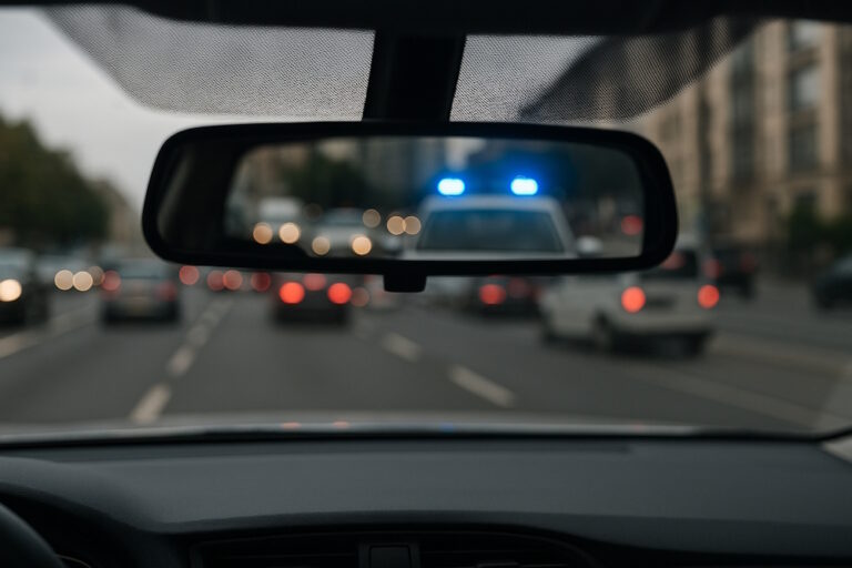 Einsatzfahrzeug mit Blaulicht im Rückspiegel eines PKW.