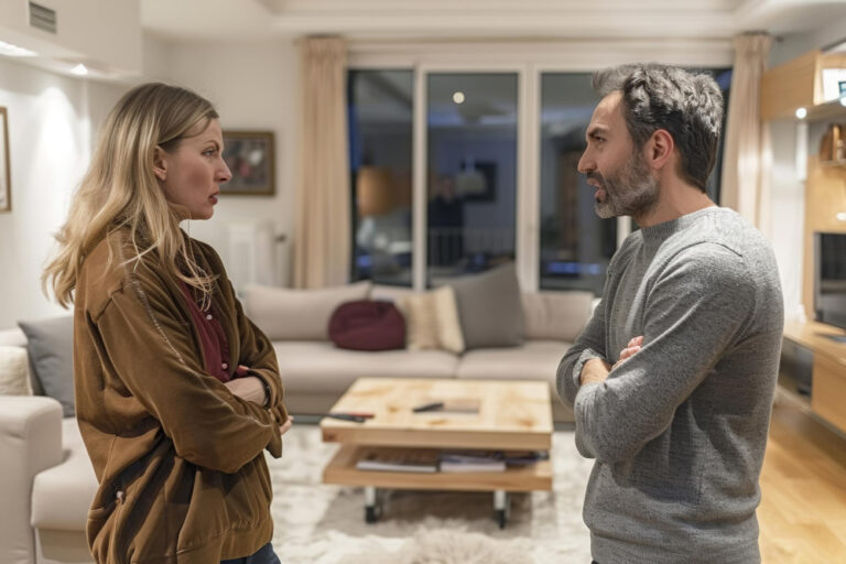 Ex-Partner streiten im Wohnzimmer über mögliche Unterhaltszahlungen