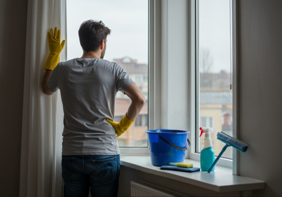 Ein Mann steht mit allerlei Putzutensilien zum Fenster putzen am Fenster und wirkt genervt.