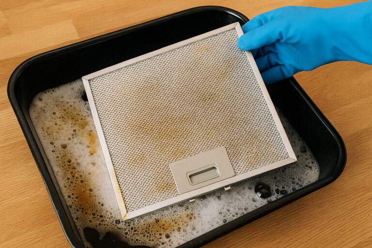 Metallischer Fettfilter wird in Seifenlauge von Hand gereinigt