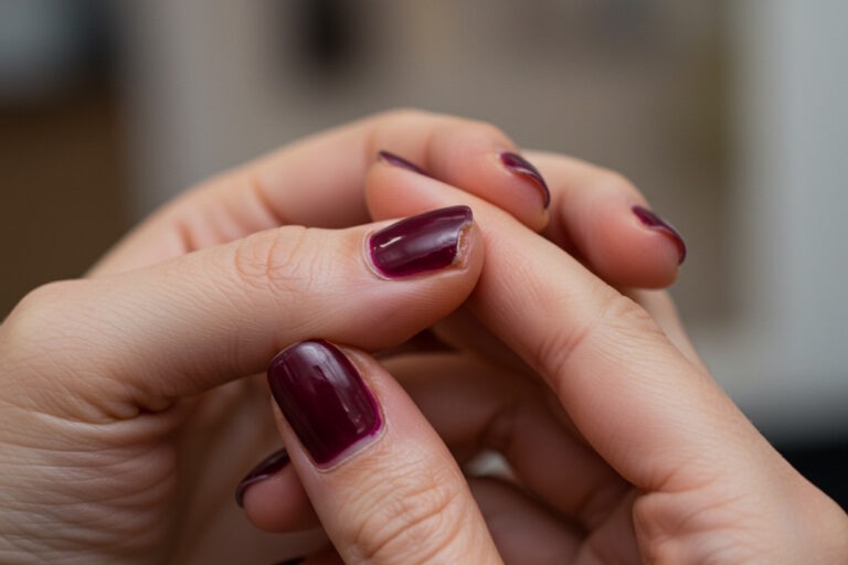 Frauenhand mit dunkelrot lackierten Nägeln, ein eingerissener Fingernagel am Daumen wird vorsichtig gehalten, unscharfer Innenraum im Hintergrund.