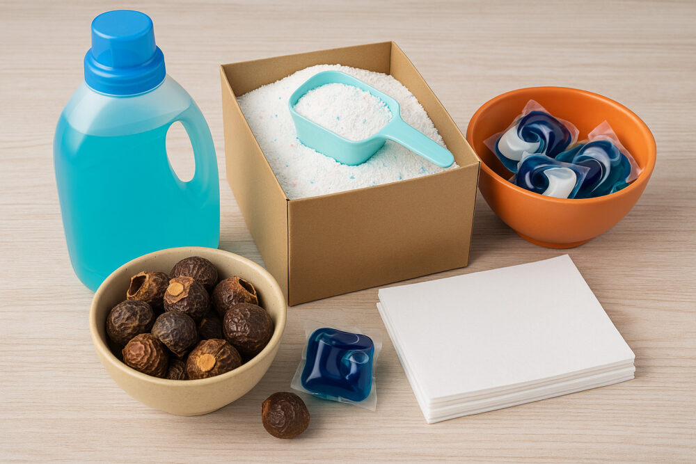 Verschiedene Waschmittelarten nebeneinander: Flüssigwaschmittel in einer blauen Flasche, Waschpulver mit Dosierlöffel, bunte Waschpods, natürliche Waschnüsse und gestapelte Waschblätter auf einem hellen Holztisch.