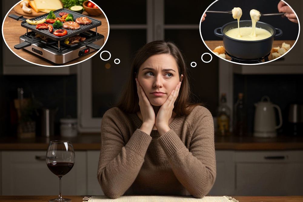 Frau sitzt nachdenklich am Tisch und überlegt zwischen Raclette und Fondue.