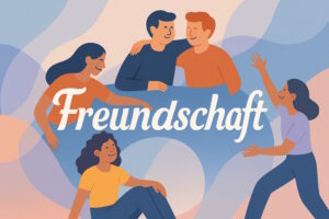 Fünf lachende Menschen in bunter Illustration, gemeinsam um das Wort „Freundschaft“ gruppiert. (Illustration)