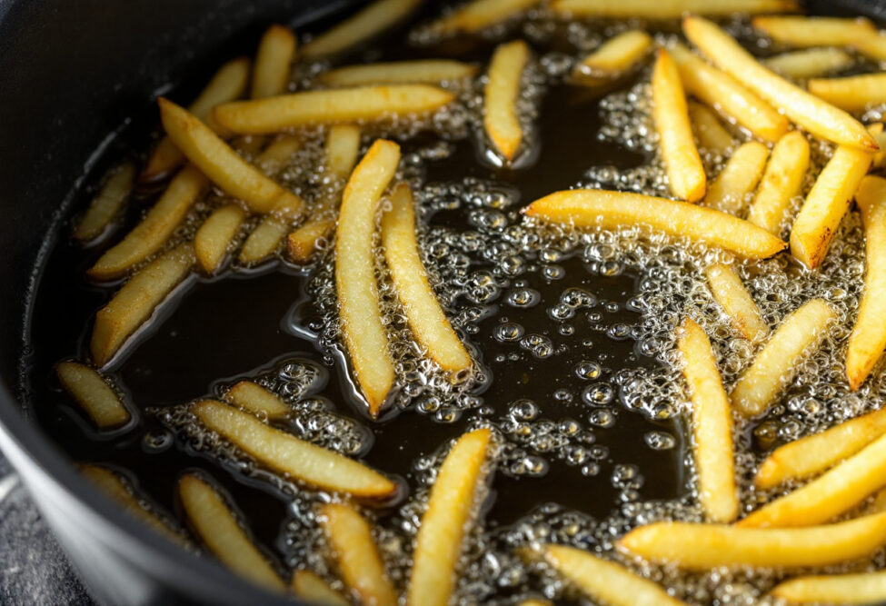 Pommes frites werden in einer Pfanne mit heißem Öl frittiert, während Blasen an der Oberfläche des Öls aufsteigen.