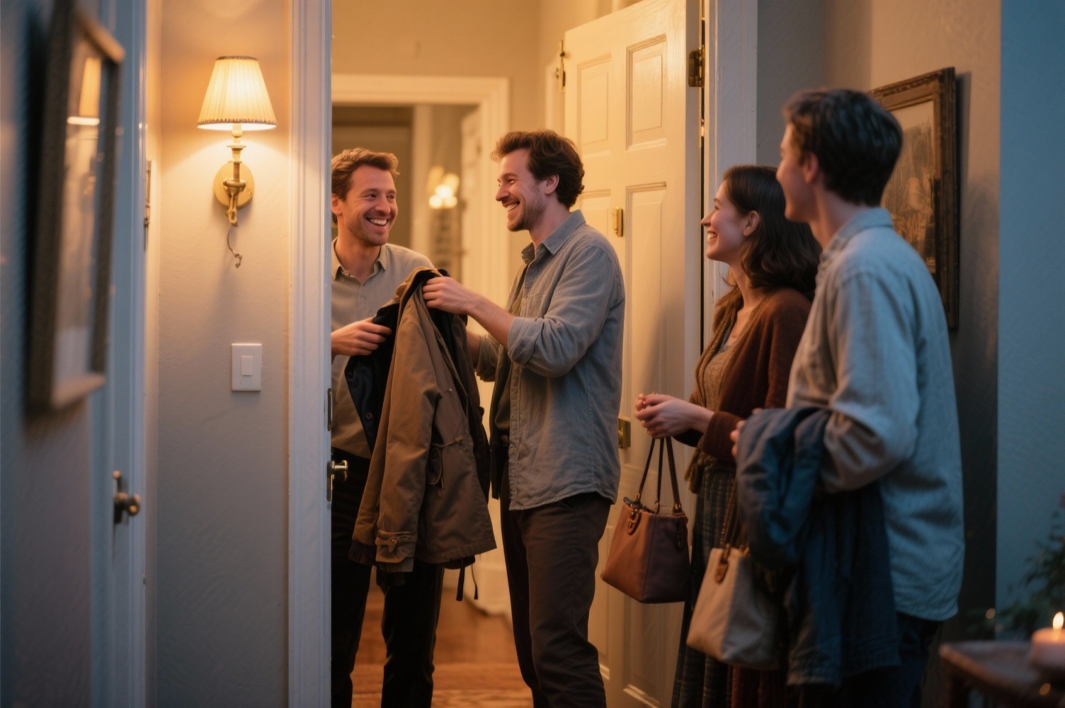 Vier lachende Menschen verabschieden sich im Flur, während einer seinen Mantel anzieht – Gäste werden herzlich an der Tür verabschiedet.
