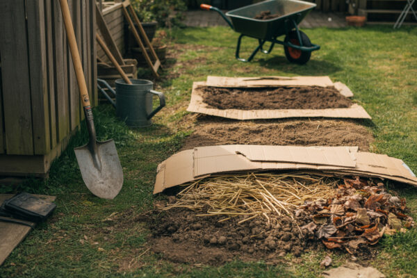 No-Dig-Gartenbeet (ohne Umgraben) mit Karton, Mulch und Werkzeug im Frühling.
