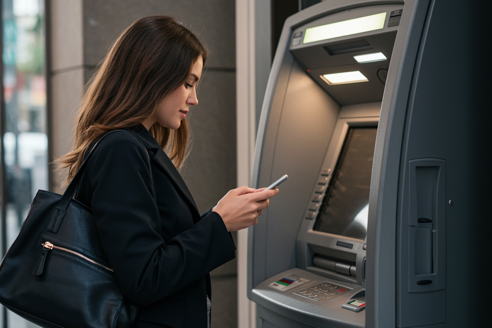 Eine junge Frau ist beim Geld abheben am Automaten durch ihr Smartphone abgelenkt.