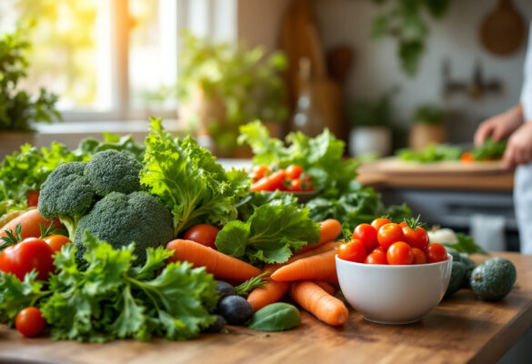 Frisches Gemüse wie Brokkoli, Karotten, Tomaten und Salat auf einem Holztisch – ideal als gesunde Lebensmittel zum Abnehmen.