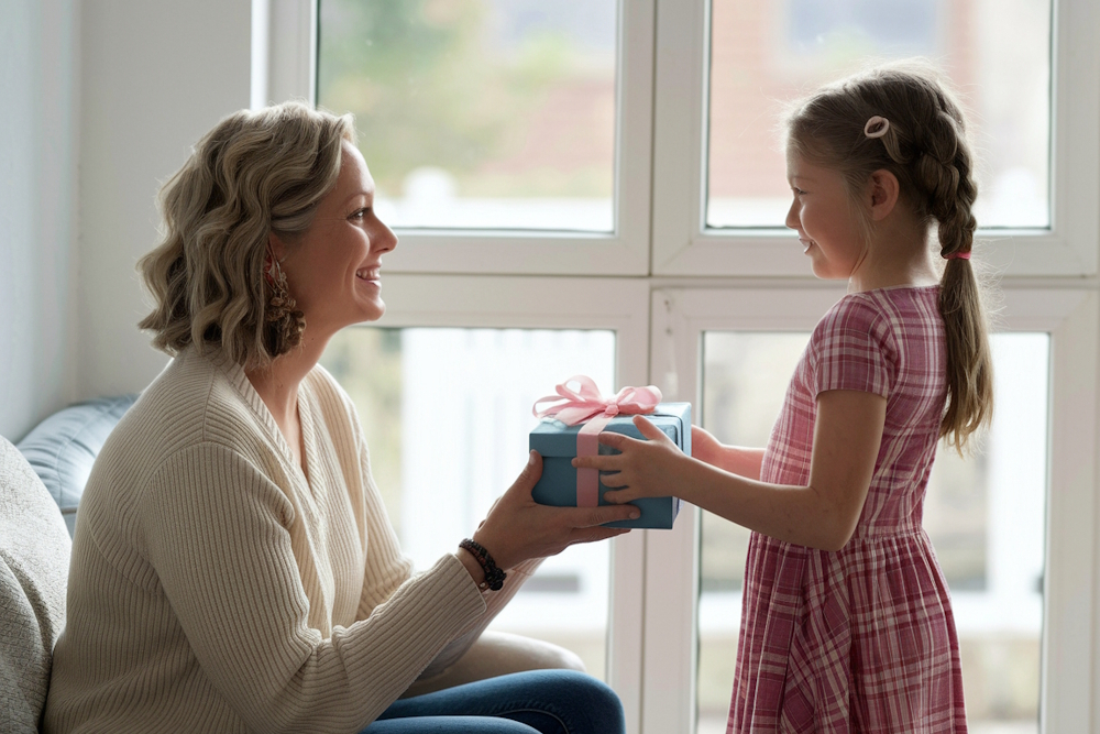 Ein Mädchen überreicht seiner lächelnden Mutter vor dem Fenster ein blaues Geschenk mit rosa Schleife, symbolisch für Geschenkideen zum Muttertag.