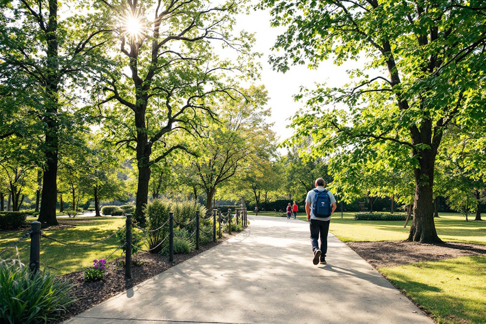 Ein Mann spaziert entspannt durch einen sonnigen Park, umgeben von Bäumen und gepflegten Wegen – ein Beispiel dafür, wie man gesund leben kann, auch ohne intensiven Sport.