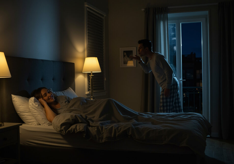 Mann wirft der im Bett liegenden Frau einen Luftkuss zu - symbolisch dafür, dass das Paar getrennte Betten zum Schlafen hat.
