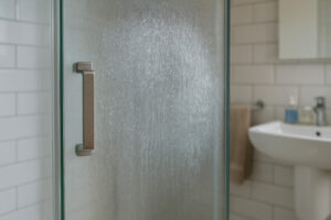 Verkalkte Glasduschwand mit Metallgriff im Badezimmer