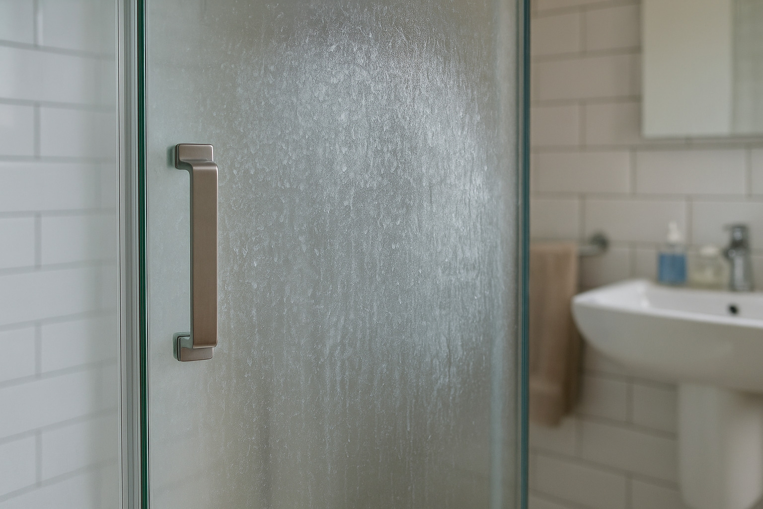 Verkalkte Glasduschwand mit Metallgriff im Badezimmer