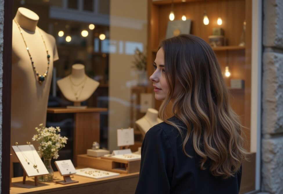 Eine Frau betrachtet interessiert eine Auslage mit Schmuckstücken aus Gold und Silber in einem eleganten Schaufenster.