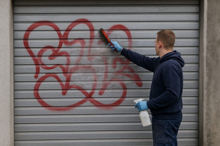 Mann ist dabei Graffiti mit einer Bürste von grauem Garagentor zu entfernen
