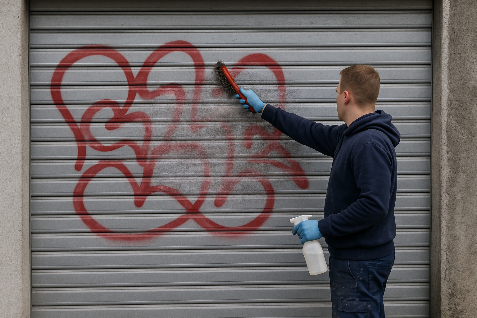 Mann ist dabei Graffiti mit einer Bürste von grauem Garagentor zu entfernen