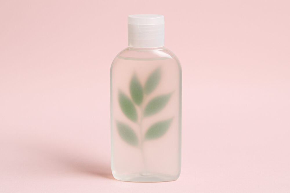 Transparente Flasche mit weißem Deckel, darin ein verschwommen durchscheinendes Blattmotiv vor rosa Hintergrund