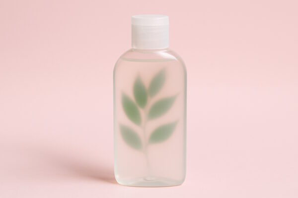 Transparente Flasche mit weißem Deckel, darin ein verschwommen durchscheinendes Blattmotiv vor rosa Hintergrund