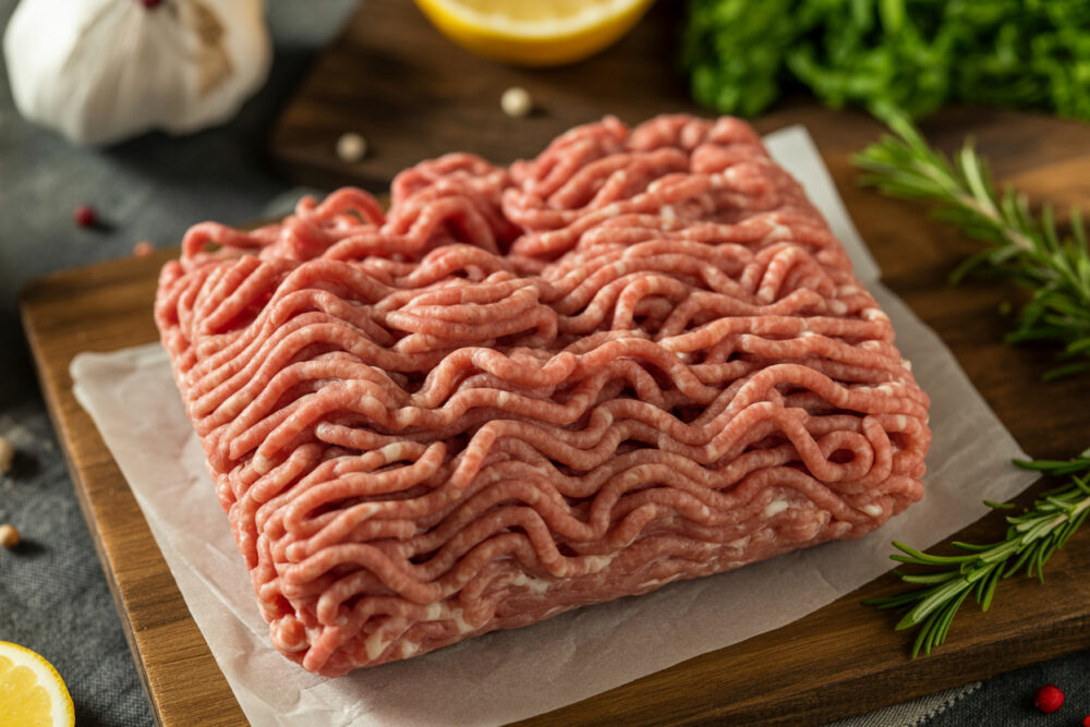 Leicht grau gewordenes Hackfleisch durch Oxidation.