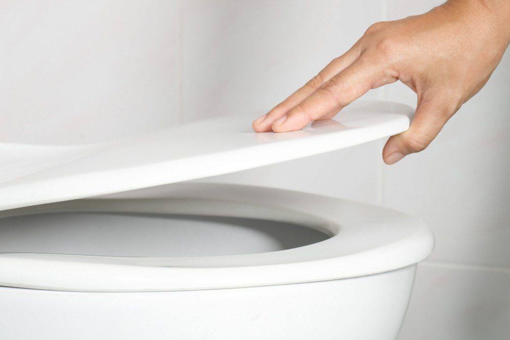 Hand öffnet den Decke einer Toilette