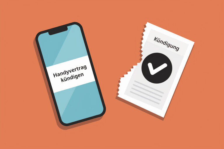 Illustration eines Smartphones mit der Aufschrift 'Handyvertrag kündigen' und eines zerrissenen Kündigungsdokuments mit einem Häkchen-Symbol. Das Bild symbolisiert die erfolgreiche Kündigung eines Mobilfunkvertrags. Der Hintergrund ist in einem warmen Orangeton gehalten.