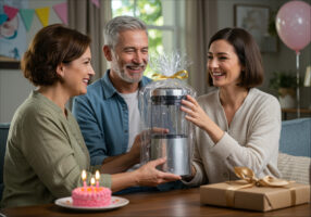 Paar mittleren Alters schenkt einer lachenden Frau zum Geburtstag einen Smoothie-Maker in Geschenkfolie.