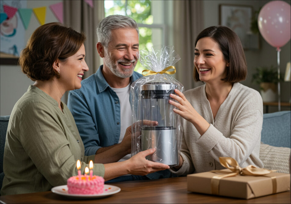 Paar mittleren Alters schenkt einer lachenden Frau zum Geburtstag einen Smoothie-Maker in Geschenkfolie.