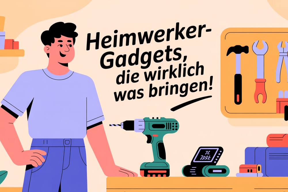 Illustration eines Mannes, der lächelnd an einer Werkbank mit Bohrmaschine, Werkzeugtafel und digitalem Messgerät steht, daneben Schriftzug „Heimwerker-Gadgets, die wirklich was bringen!“.
