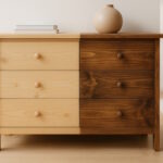 Kommode aus Holz, halb naturhell, halb dunkel gebeizt