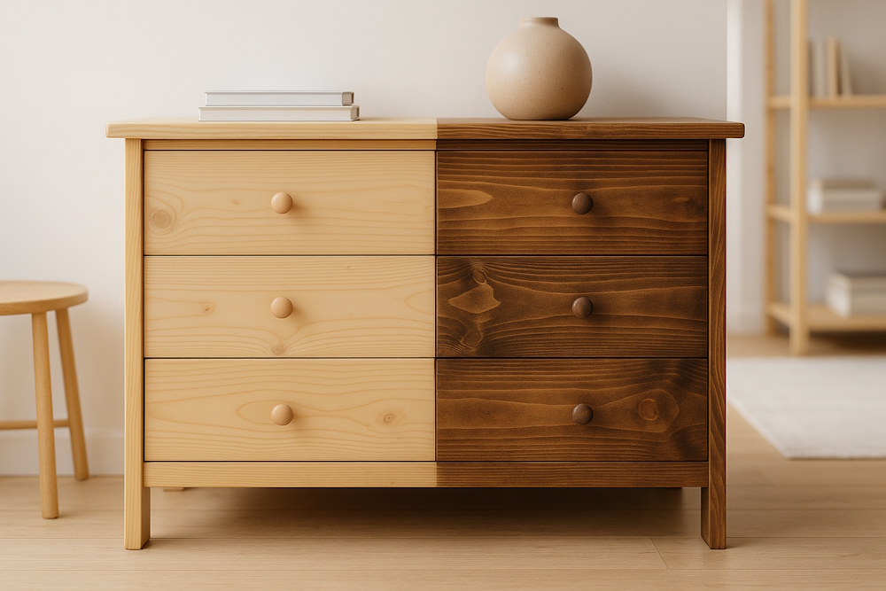 Kommode aus Holz, halb naturhell, halb dunkel gebeizt