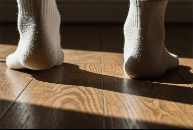 Person in Socken steht auf einem alten Holzboden – typisches Szenario, wenn der Boden quietscht oder knarzt.