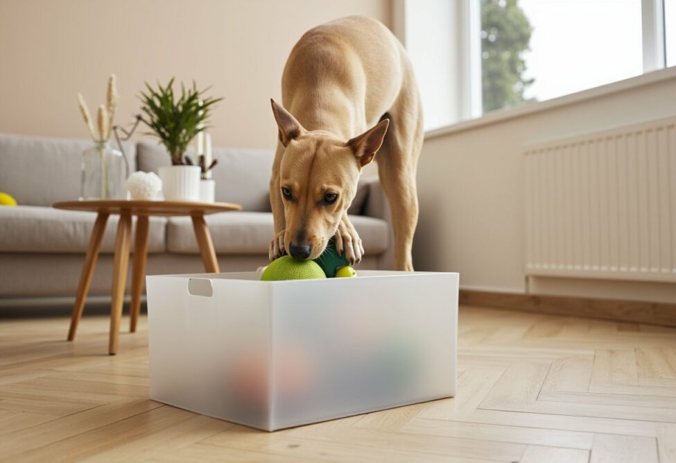 Hund räumt Spielzeug auf