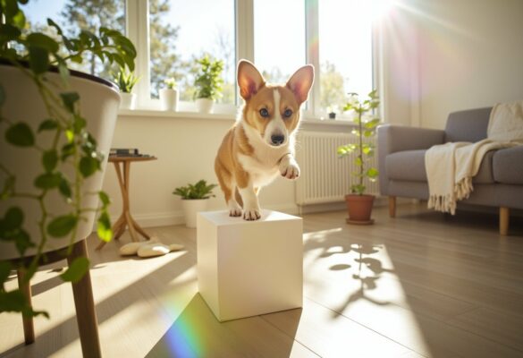 Hund balanciert auf einem Podest