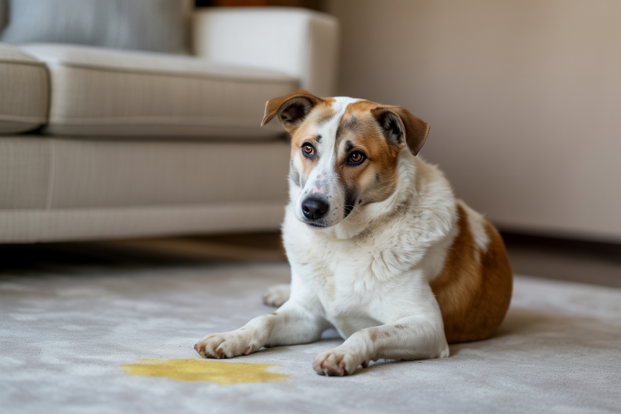 Mittelgroßer Hund liegt auf Teppich neben gelb Erbrochenem im Wohnzimmer.