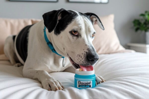 Hund frisst Vaseline.