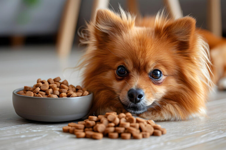Ein kleiner, brauner Hund liegt vor einem Napf voller Hundefutter auf dem Boden, schaut mit traurigen Augen auf die Futterschale und das verstreute Futter daneben. Dies könnte symbolisieren, dass der Hund nicht mehr frisst oder sein Interesse am Futter verloren hat.