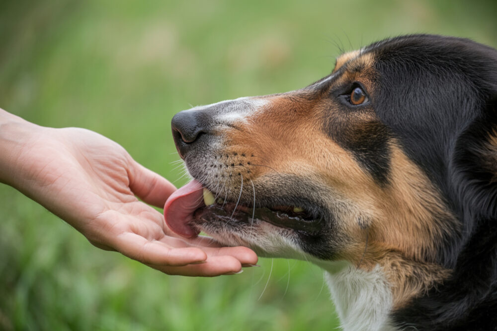 Hund leckt sanft eine ausgestreckte Hand im Freien.
