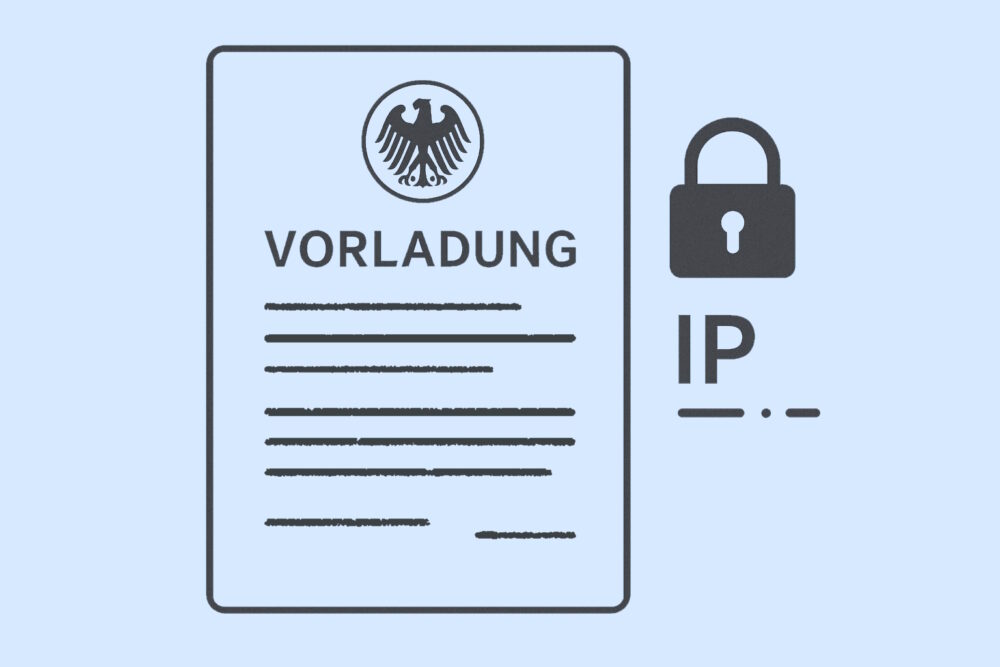 Symbolische Vorladung mit Bundesadler neben Schloss und IP-Adresse